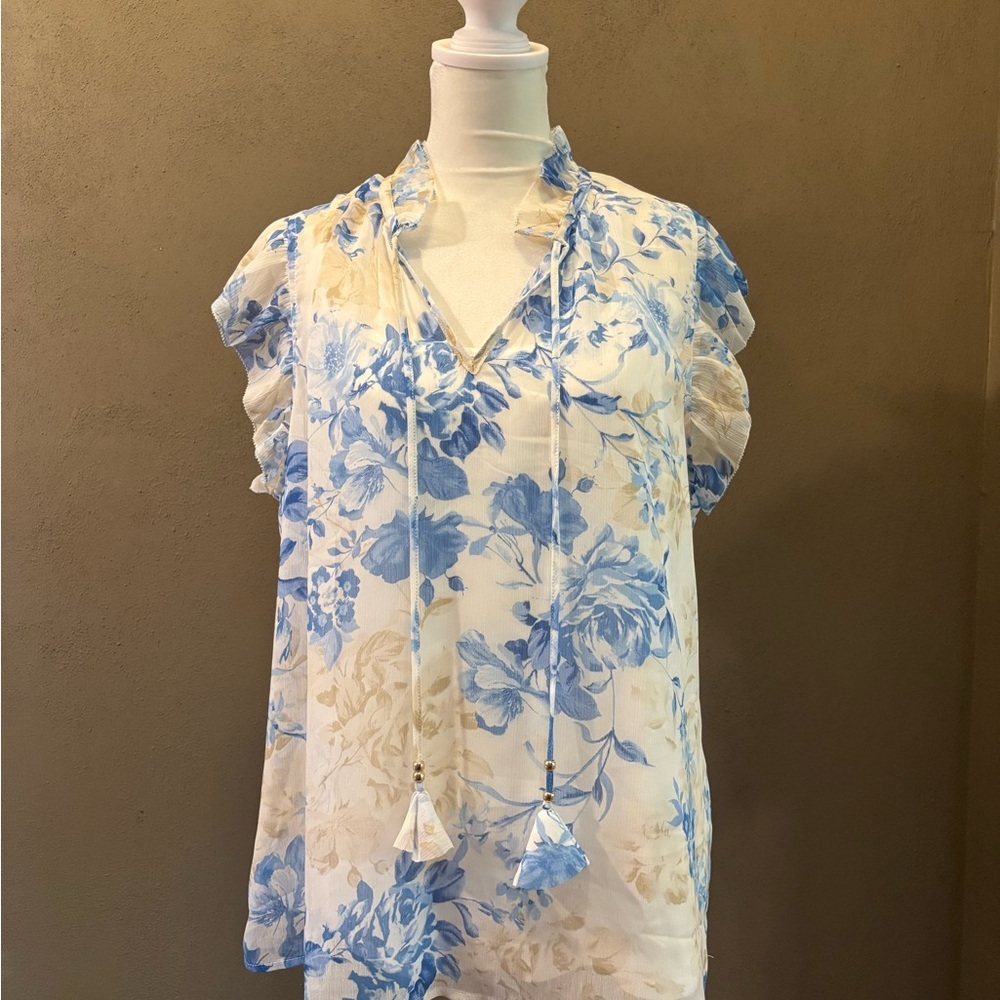 Ruffled Blue and White Blouse with Tie Front